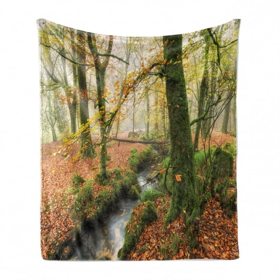 Woodland Soft Flannel Fleece Blanket, Misty Autumn Woodland Stream at Golitha Falls on Bodmin Moor in Cornwall, Cozy Plush for Indoor and Outdoor Use, 60" x 80", Orange Green Yellow, by Ambesonne