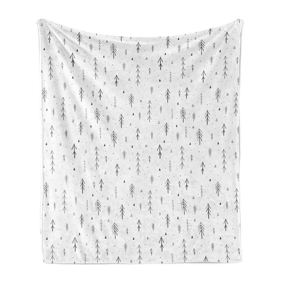 Woodland Soft Flannel Fleece Blanket, Nature Theme Simplistic Sketch of Repetitive Fir Trees and Triangles, Cozy Plush for Indoor and Outdoor Use, 50" x 70", White and Charcoal Grey, by Ambesonne
