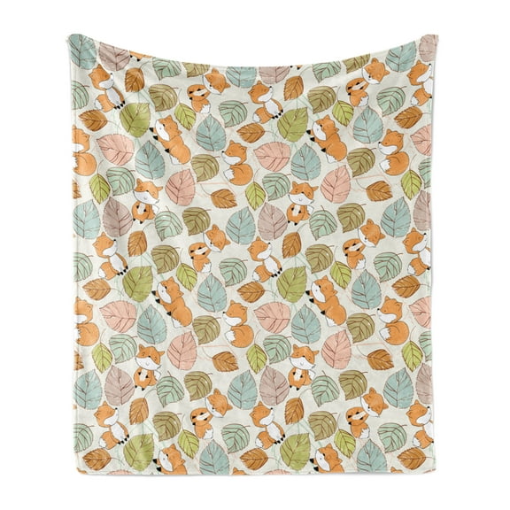 Woodland Soft Flannel Fleece Blanket, Pattern of Sketchy Hand Drawn Inspired Forest Fox Silhouettes and Leaves, Cozy Plush for Indoor and Outdoor Use, 50" x 70", White and Multicolor, by Ambesonne