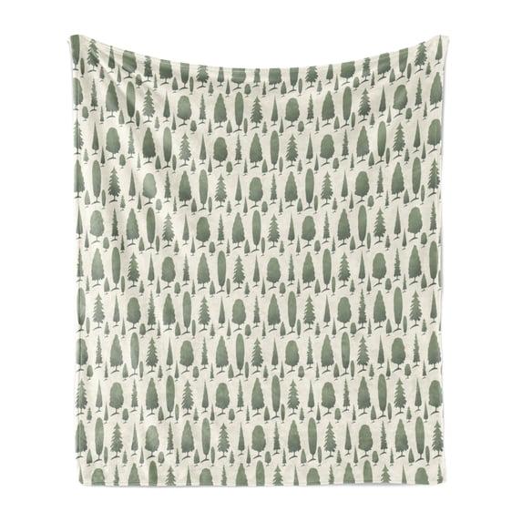 Woodland Soft Flannel Fleece Blanket, Repeating Pattern of Green Tones Forest Trees Pastel Simplistic Print, Cozy Plush for Indoor and Outdoor Use, 50" x 60", Pale Reseda Green Ivory, by Ambesonne
