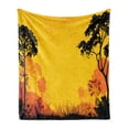 thumbnail image 1 of Woodland Soft Flannel Fleece Blanket, Woodland at Sunset Silhouette of Hills Forest Trees Grass Landscape Nature Art, Cozy Plush for Indoor and Outdoor Use, 70" x 90", Yellow Black, by Ambesonne, 1 of 5