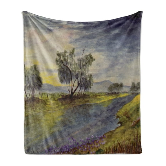 Woodland Soft Flannel Fleece Blanket, Watercolor Style River Scene Floral Composition with Trees Pastoral Nature, Cozy Plush for Indoor and Outdoor Use, 60" x 80", Apple Green Blue, by Ambesonne