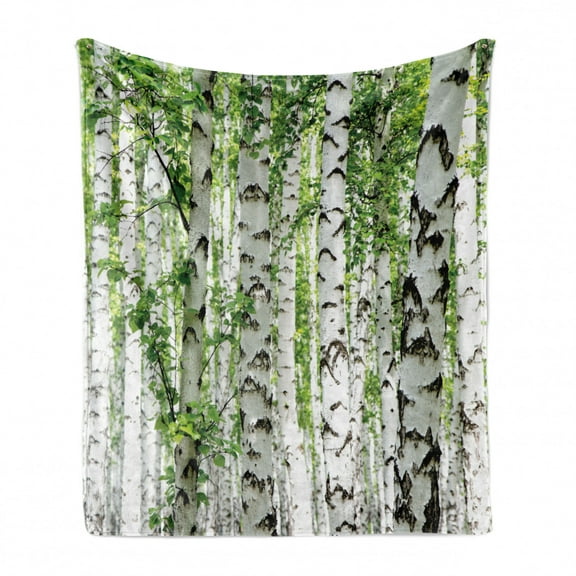 Woodland Soft Flannel Fleece Throw Blanket, Birch Trees in the Forest Summertime Wildlife Nature Outdoors Themed Picture, Cozy Plush for Indoor and Outdoor Use, 50" x 60", White Green, by Ambesonne