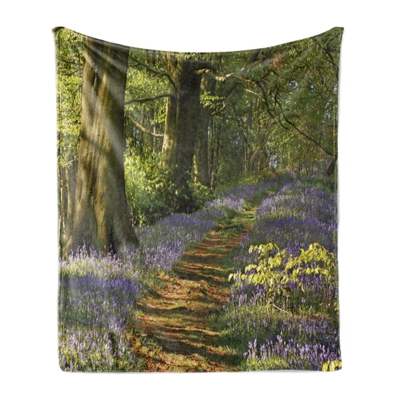 Woodland Soft Flannel Fleece Throw Blanket, Carpet of Bluebells Spreads Through Woodland in Staffordshire England, Cozy Plush for Indoor and Outdoor Use, 60" x 80", Green Purple Brown, by Ambesonne