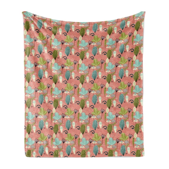 Woodland Soft Flannel Fleece Throw Blanket, Dandelion Spring Flowers Leaves Daisy Garden Childish Foliage Concept, Cozy Plush for Indoor and Outdoor Use, 50" x 60", Coral and Multicolor, by Ambesonne