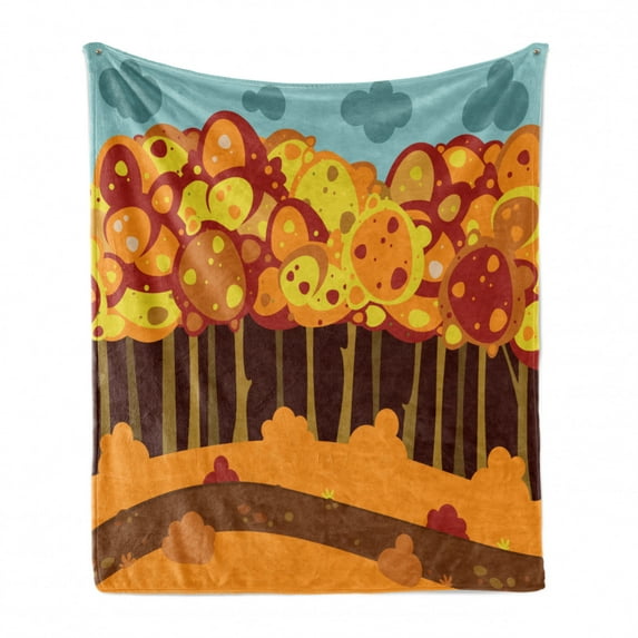Woodland Soft Flannel Fleece Throw Blanket, Forest in Autumn Cartoon Composition Simplistic Nature, Cozy Plush for Indoor and Outdoor Use, 50" x 60", Yellow Vermilion, by Ambesonne