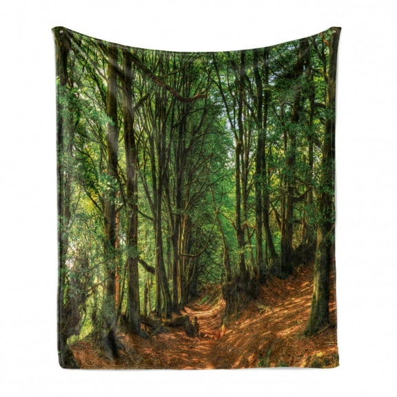 Woodland Soft Flannel Fleece Throw Blanket, Forest Scene Trees and Pathway Foliage Trunk Greenery Outdoor Picture, Cozy Plush for Indoor and Outdoor Use, 70" x 90", Green Brown, by Ambesonne