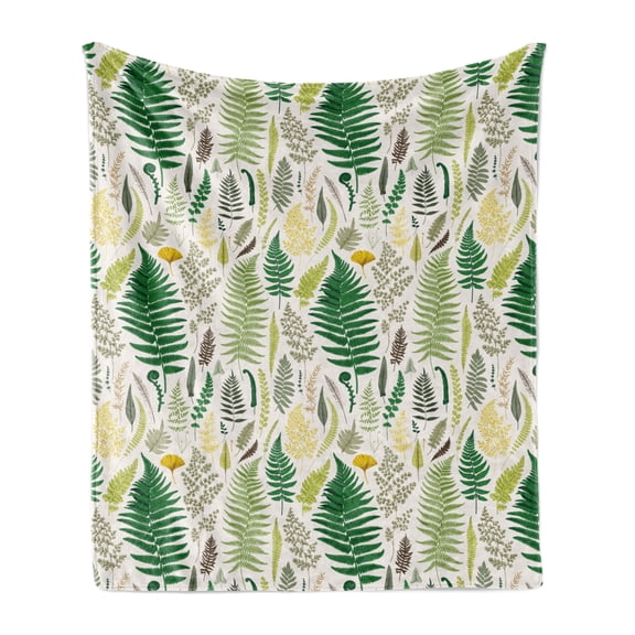 Woodland Soft Flannel Fleece Throw Blanket, Old Engraved Vintage Art Colored Ferns and Herbs Sketch Art Print, Cozy Plush for Indoor and Outdoor Use, 50" x 60", Off White Multicolor, by Ambesonne