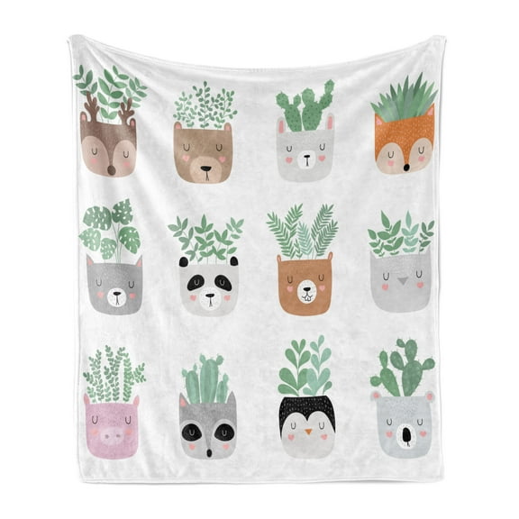 Woodland Soft Flannel Fleece Throw Blanket, Pattern of House Plants in Various Funny Animal Pots Botanical Artwork, Cozy Plush for Indoor and Outdoor Use, 50" x 70", Multicolor, by Ambesonne