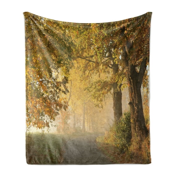 Woodland Soft Flannel Fleece Throw Blanket, Rural Road in a Misty Autumn Morning Countryside Pathway Scenery Natural, Cozy Plush for Indoor and Outdoor Use, 50" x 60", Pale Coffee Green, by Ambesonne