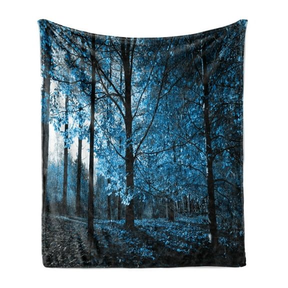Woodland Soft Flannel Fleece Throw Blanket, September Afternoon in Woodland Autumn Nature Picture Print, Cozy Plush for Indoor and Outdoor Use, 60" x 80", Blue Black, by Ambesonne