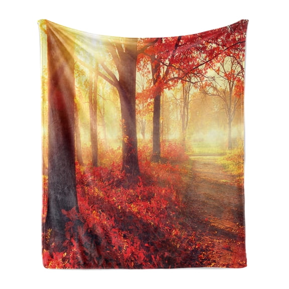 Woodland Soft Flannel Fleece Throw Blanket, Sun Beams Through Misty Old Forest in Fall Season Morning View Dreamy Picture, Cozy Plush for Indoor and Outdoor Use, 60" x 80", Yellow Red, by Ambesonne