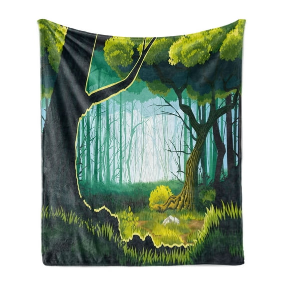Woodland Soft Flannel Fleece Throw Blanket, View of a Forest Landscape Outdoor Scene, Cozy Plush for Indoor and Outdoor Use, 60" x 80", Seafoam Dark Teal, by Ambesonne
