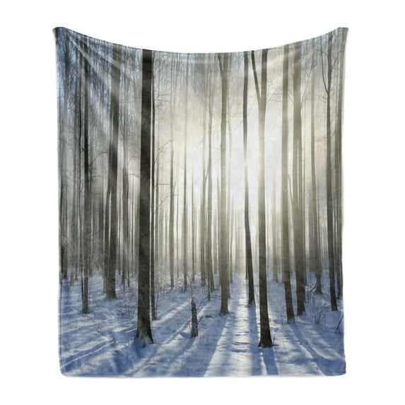 Woodland Soft Flannel Fleece Throw Blanket, Wintertime Forest on a December Morning Snowy Sunshine Shadows Trunk, Cozy Plush for Indoor and Outdoor Use, 60" x 80", Pale Yellow Bluegrey, by Ambesonne