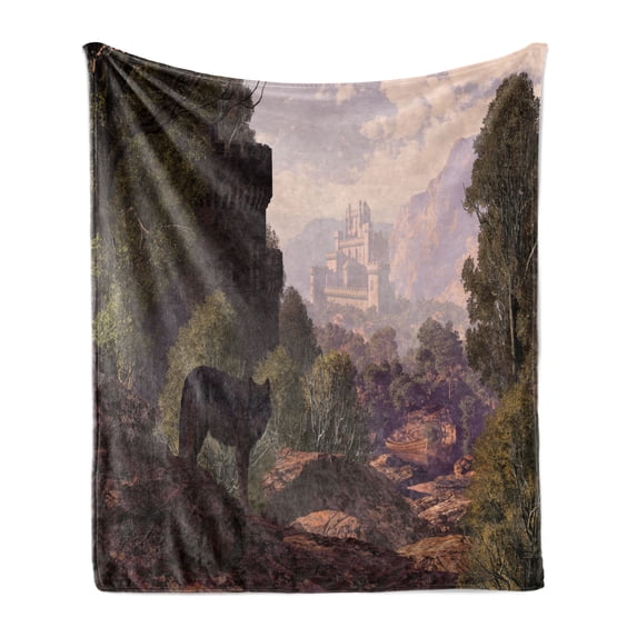Woodland Soft Flannel Fleece Throw Blanket, Wolf Coming out of the Woods Gothic Castle Lake Boat off in Distance, Cozy Plush for Indoor and Outdoor Use, 70" x 90", Brown Army Green Rose, by Ambesonne