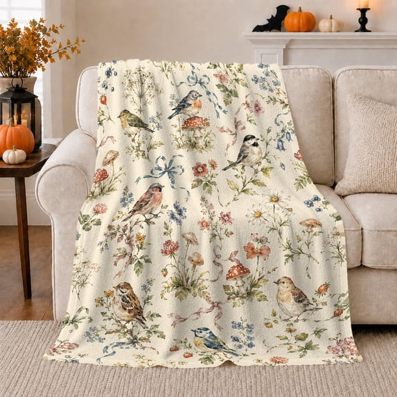 Woodland Songbird Botanical Watercolor, Peaceful Woodland Scene, Warm Flannel Blanket for Cabin and Lodge, Garden Lovers Housewarming Gift, Botanical Home Decor