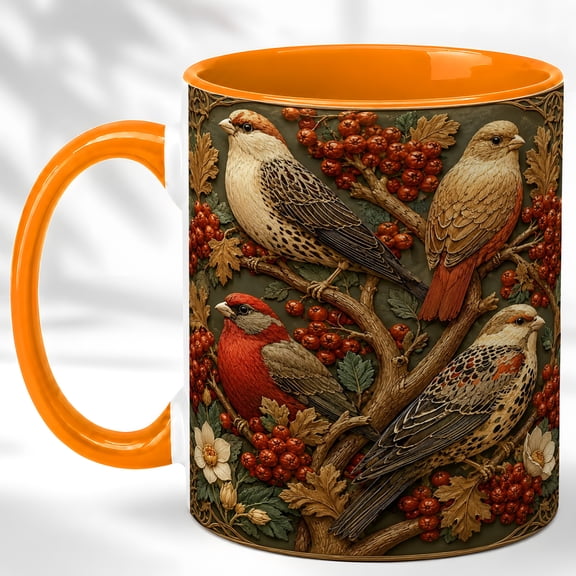 Woodland Songbirds Coffee Mug, Berry Tree Mug, Ceramic 11 oz