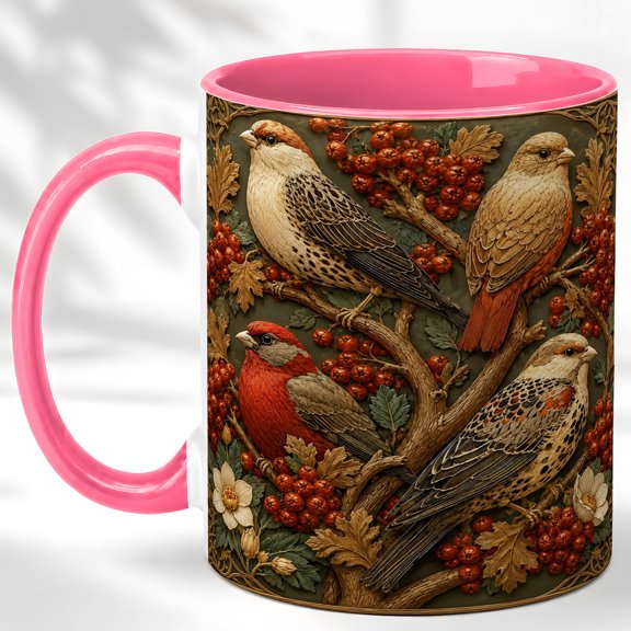 Woodland Songbirds Coffee Mug, Berry Tree Mug, Ceramic 11 oz