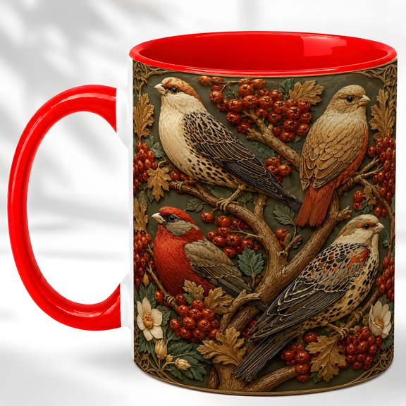 Woodland Songbirds Coffee Mug, Berry Tree Mug, Ceramic 11 oz