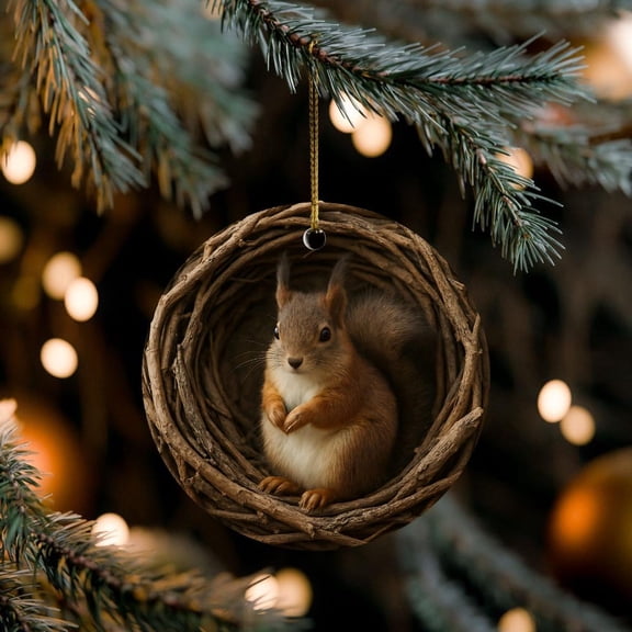 Woodland Squirrel Ceramic Ornament Rustic Nature Christmas Decor Animal Ornament For Tree Cozy Winter Cabin Style Keepsake 2D FLAT CIRCLE Ceramic Ornament