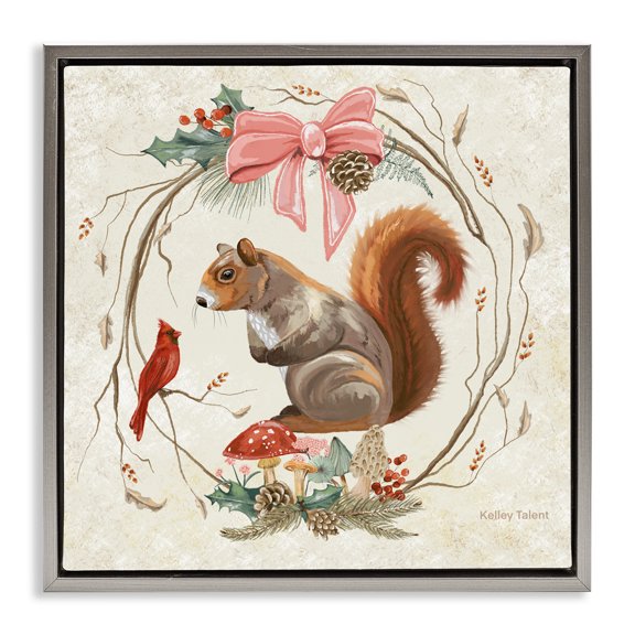 Stupell Industries Woodland Squirrel Rustic Wreath Gray Framed Floater Canvas Wall Art, design by Kelley Talent, 25 x 25