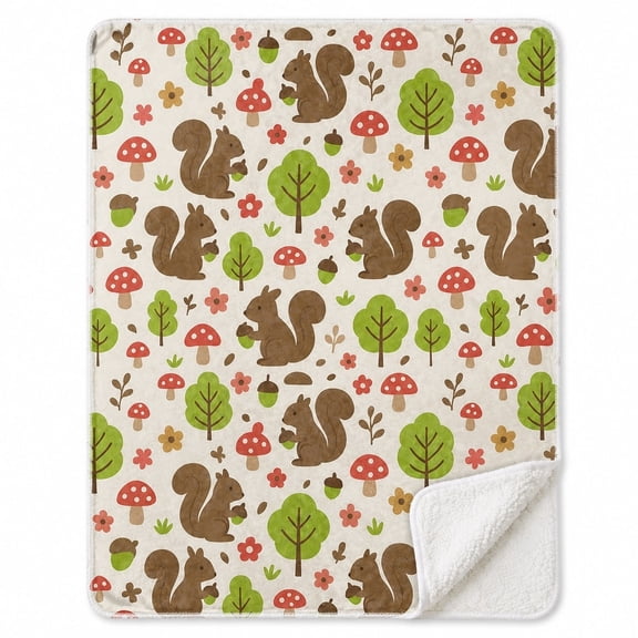 Woodland Squirrel Sherpa Blanket, 2-Layer Polyester Fleece Throw, Multicolor