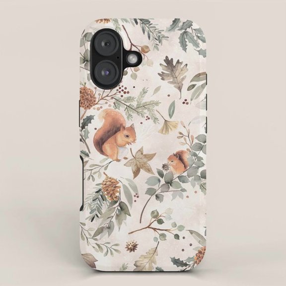 Woodland Squirrels, Pinecones and Botanical Leaves Tough iPhone Case, Polycarbonate Shell with TPU Liner