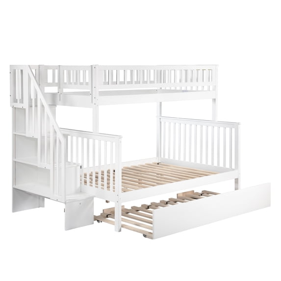 Woodland Staircase Bunk Bed Twin over Full with Full Size Urban Trundle Bed in White