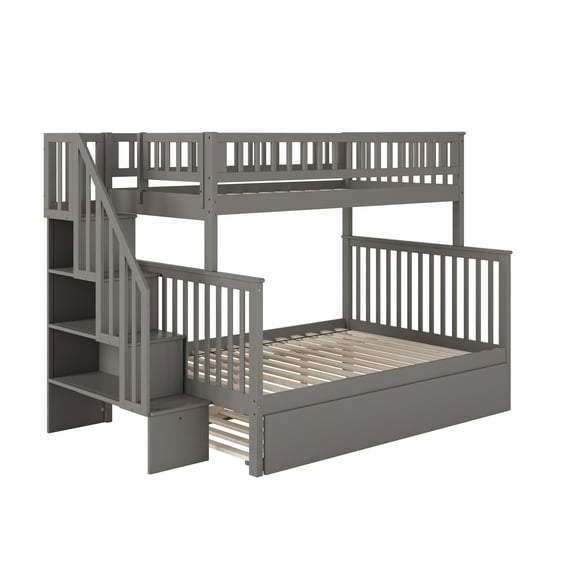 Woodland Staircase Bunk Bed Twin over Full with Twin Size Urban Trundle Bed in Grey