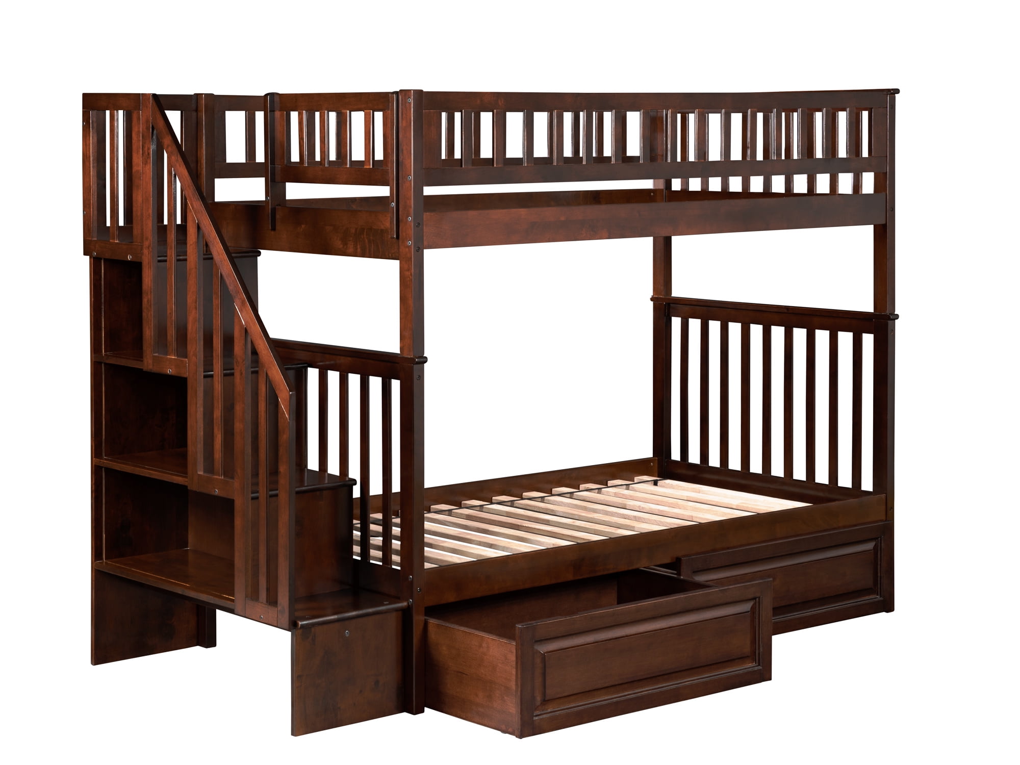 Walnut Twin Over Twin Bunk Bed with Staircase and Storage Drawers