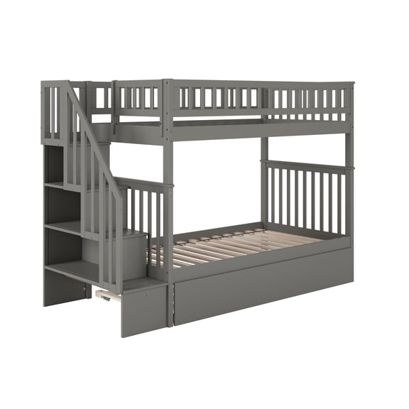 Woodland Staircase Bunk Bed Twin over Twin with Twin Size Urban Trundle Bed in Grey