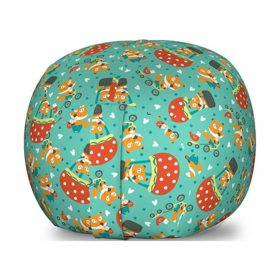 Woodland Storage Toy Bag Chair, Fox and Hen on Bicycle Hot Air Balloon with Dots and Heart Motifs Forest Animals, Stuffed Animal Organizer Washable Bag, Small Size, Multicolor, by Ambesonne