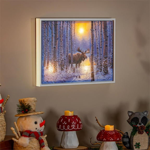 Woodland Storybook Wall Decor, LED Canvas with White Frame, Moose, 16" L x 12" H