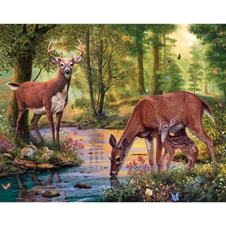 Woodland Stream 100-Piece Jigsaw Puzzle Deer Family, Large Pieces, 15”x19”