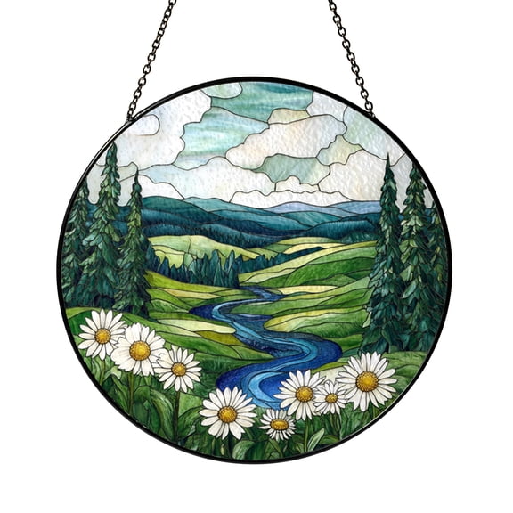 Woodland Stream Mountain Scene Window Hanging – Stained Glass Style