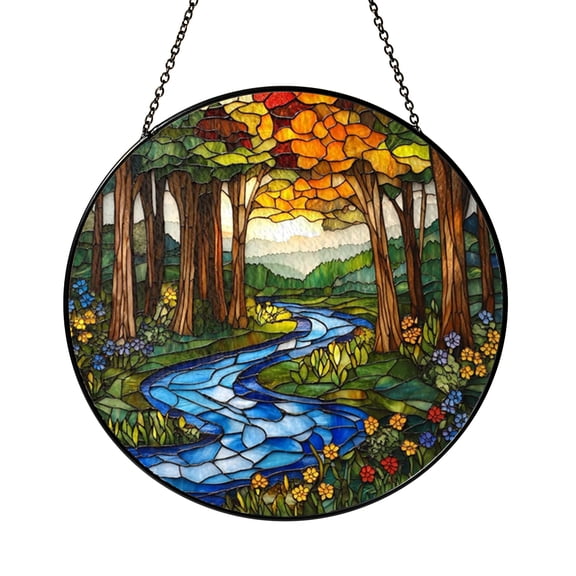 Woodland Stream Stained Glass Suncatcher – Nature Inspired Window Hanging Art Decor