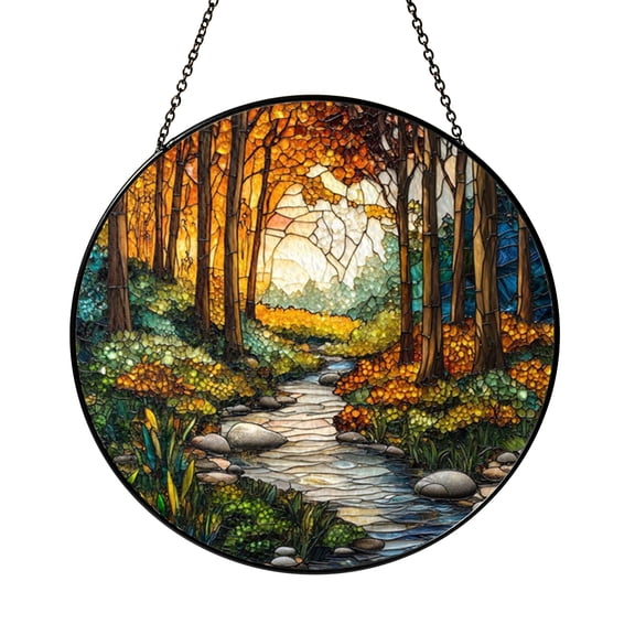 Woodland Stream Themed Stained Glass Style Suncatcher for Window Decor, Fantasy Nature Art, Decorative Hanging
