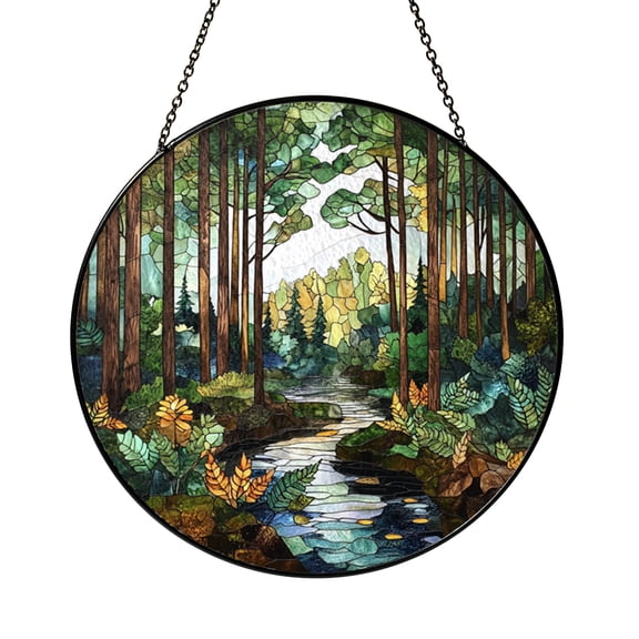 Woodland Stream Window Panel with Stained Glass Effect, Decorative Forest Window Decor