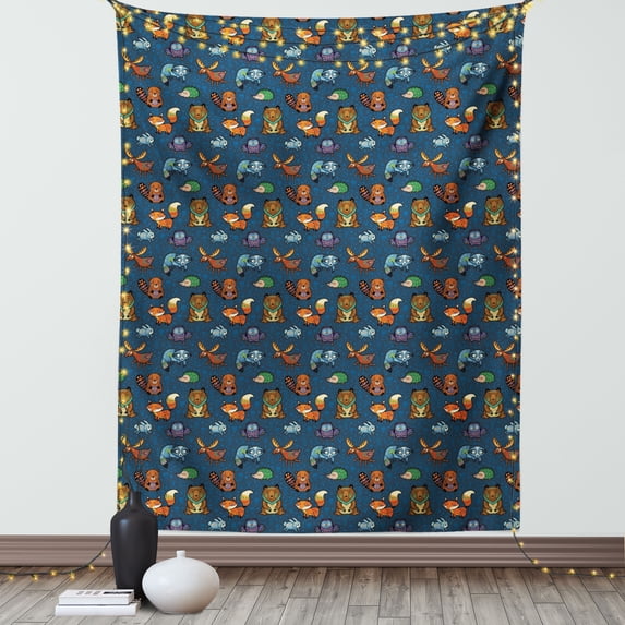 Woodland Tapestry, Animals from Jungles of Africa with Colorful Ethnic Motifs on Dark Toned Backdrop, Wall Hanging for Bedroom Living Room Dorm Decor, 40W X 60L Inches, Multicolor, by Ambesonne