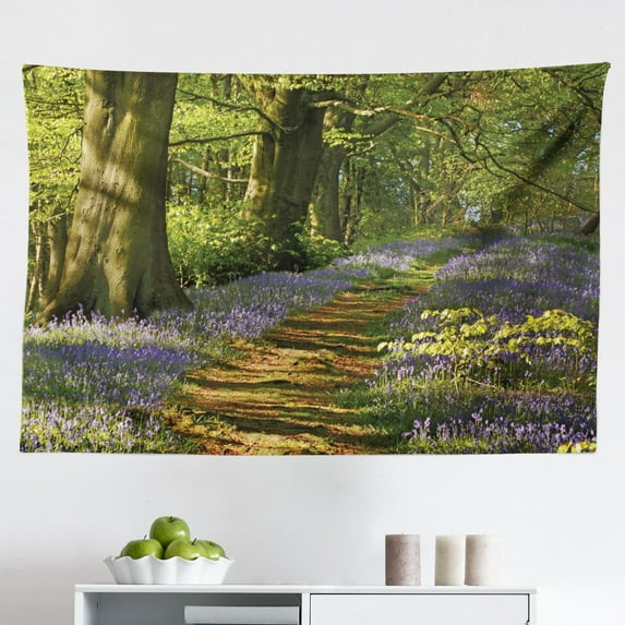 Woodland Tapestry, Forest Scene Trees and Pathway Foliage Trunk Greenery Outdoor Picture, Fabric Wall Hanging Decor for Bedroom Living Room Dorm, 2 Sizes, Green Brown, by Ambesonne