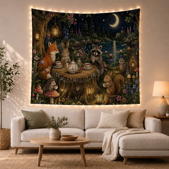 Woodland Tea Party with Owl Under Stars, Whimsical Cottagecore for Animal Lovers, Forest Art, Housewarming Gift, Tapestry Wall Hanging for Bedroom, Living Room and Dorm