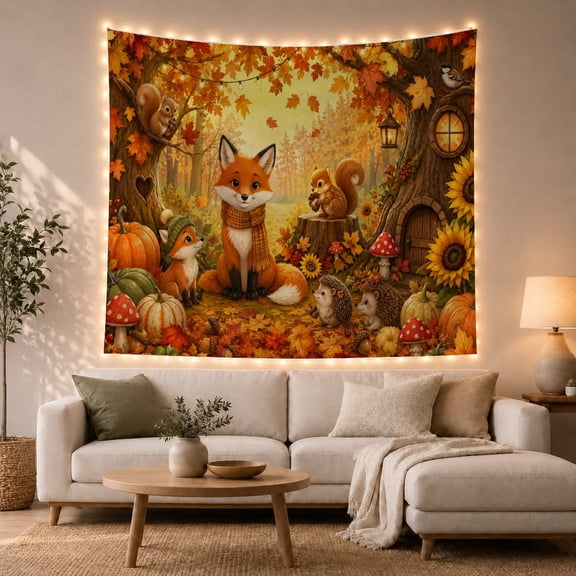 Woodland Teeming Friendly with Forest Creatures Harvest Toned, Spooky Gothic for Gothic Decor Fans, Wall Decor, Halloween Gift, Tapestry Wall Hanging for Dorm and Living Room