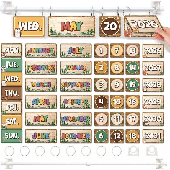 Woodland Theme Classroom Flip Calendar Set Includes 56 Date Cards Bulletin Board Calendar Set Classroom Decoration with Adjustable Holder O Rings For Wall Decor to School Supplies