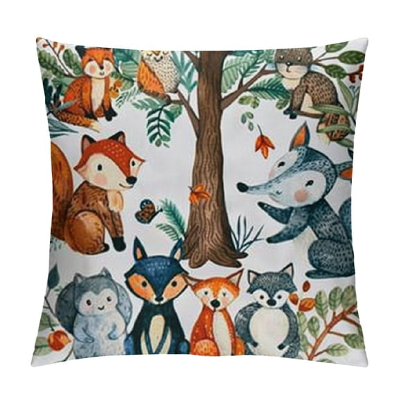 Woodland Throw Pillow Cushion Cover, Animals of The Forest with Mushrooms Acorns Circular Frame Cartoon Pastel Colors, Decorative Square Accent Pillow Case Pale Orange