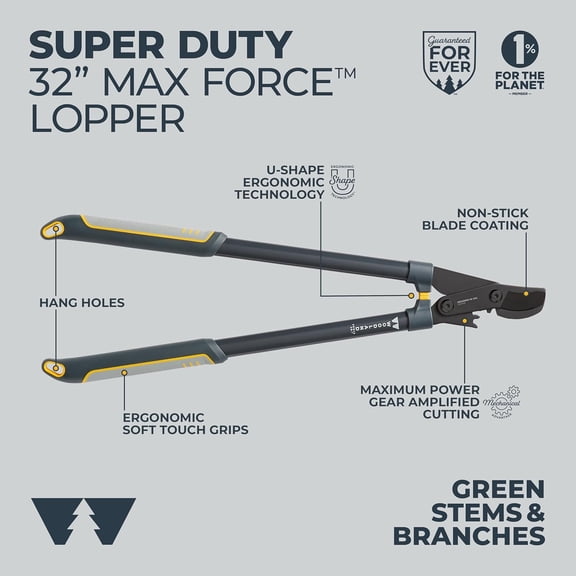 Woodland Tools Super Duty Lopper, 32 Inch Geared Bypass Cutter with Soft Grip Handles, Manual Tree Limb Cutter for Thick Branches, Heavy Yard Work, and Seasonal Pruning