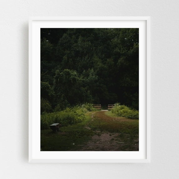 Woodland Trail 01 - Marlborough Massachusetts Photography Forest Nature Landscape Scenic Bridge Rural White Framed Wall Art Print 18 x 24 inches
