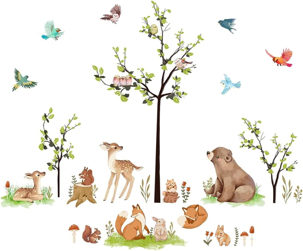 Woodland Tree Animals Wall Stickers Deer Bear Decals Birds Fox Wall