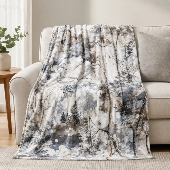 Woodland Tree Print Fleece Throw Blanket, Soft 280 Gsm Polyester, Nature-Inspired Decor for Couch, Sofa & Bed