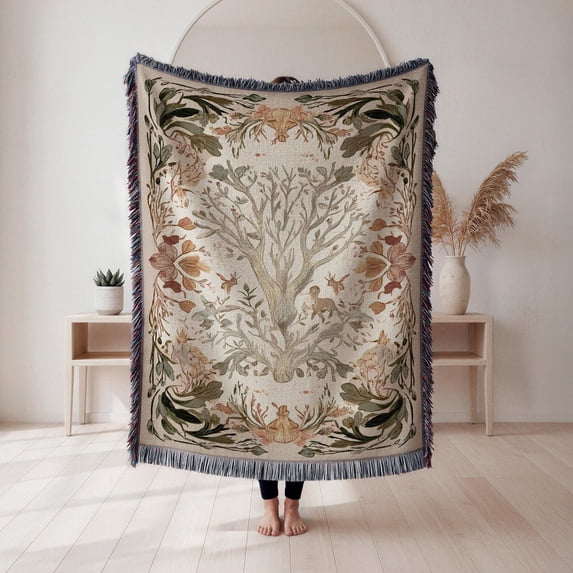 Woodland Tree, Rabbit and Floral Woven Blanket, Olive Green and Rust ...