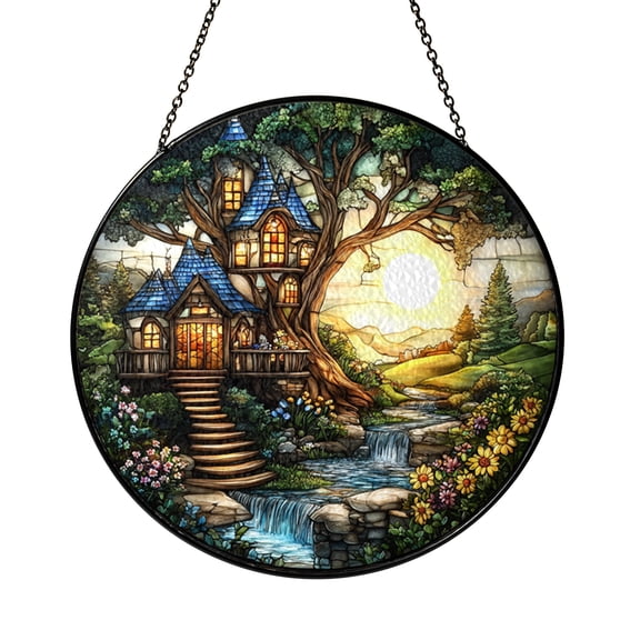 Woodland Treehouse Forest Window Suncatcher Stained Glass Style Decor, Waterfall Landscape Decorative Panel Art for Window Decoration Cottagecore Home Decor